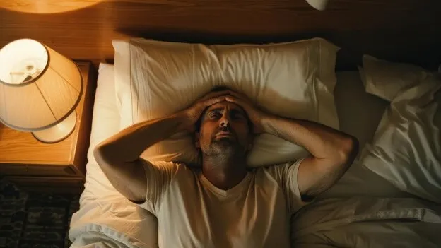 Illustration of a person struggling with racing thoughts and insomnia, a common problem for people over 30.