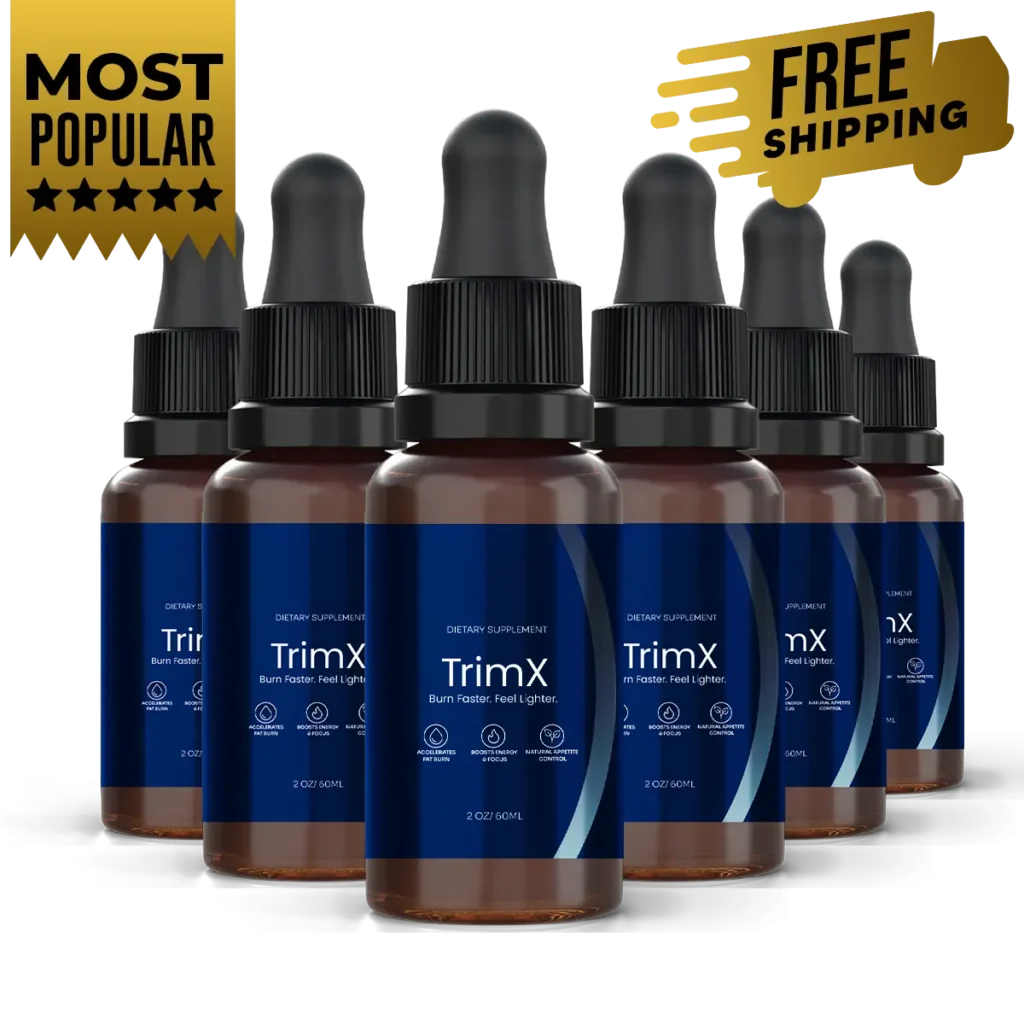 Six bottles of TrimX supplement with a maximum discount badge, providing a complete 180-day treatment for total body detoxification and long-term weight maintenance.