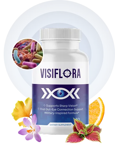 Visiflora vision restoration supplement bottle, highlighting the natural formula and capsules for eye health.